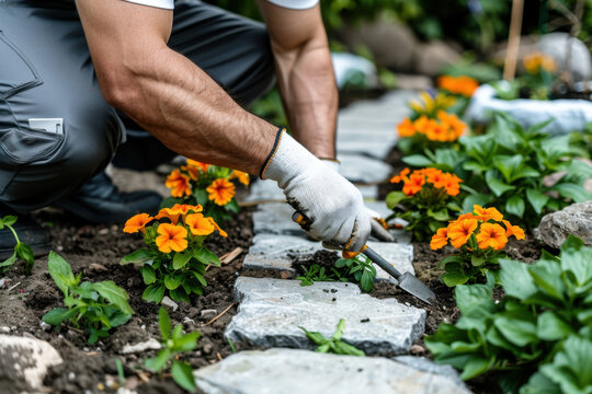 A professional landscaper working on a garden pathway, planting bright orange flowers with precision tools, creating a vibrant and neat outdoor space.
