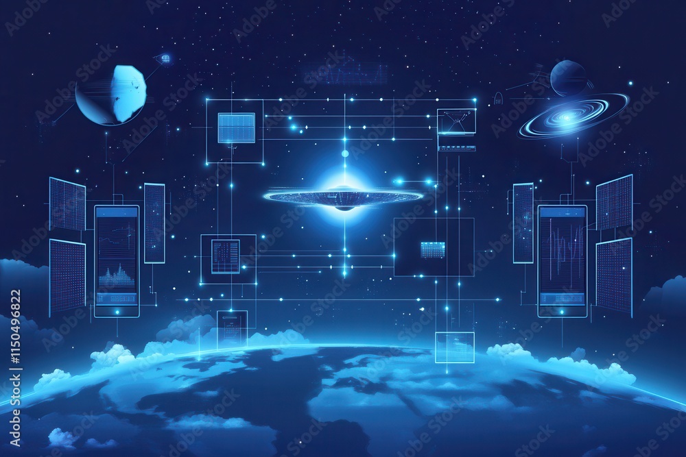 Poster futuristic satellite technology illustrating signal transmission to multiple devices on earth in a s