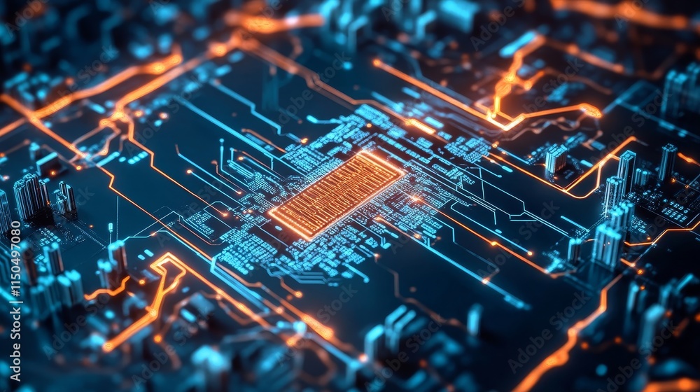 Aufkleber futuristic circuit board with vibrant blue and orange lights showcasing intricate electronic pathway