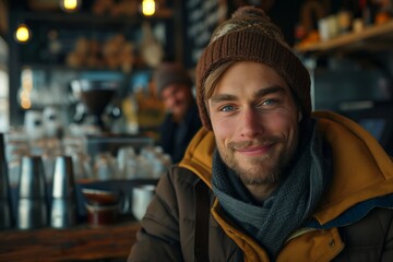 Obraz premium A smiling man in a cozy cafe setting, exuding warmth and happiness while enjoying his surroundings.