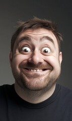 Obraz premium Happy man shows excitement with wide smile and big eyes in a neutral background