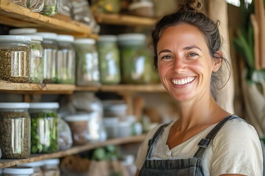 Smiling shopkeeper posing in front of herbs and spices display