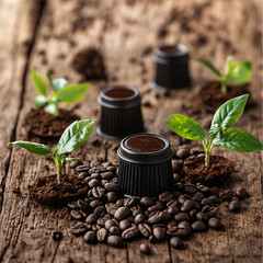 Close up of coffee capsules and beans on wooden table generated.AI