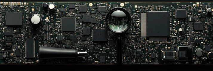 Fototapeta premium Close-up of a circuit board with magnifying glass.