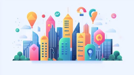 Vibrant city skyline with colorful skyscrapers and modern architecture.