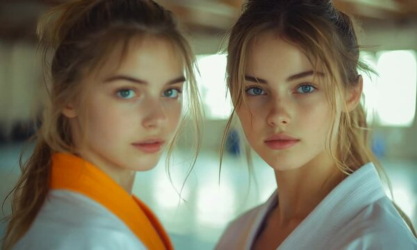 Two young women in martial arts uniforms pose together.