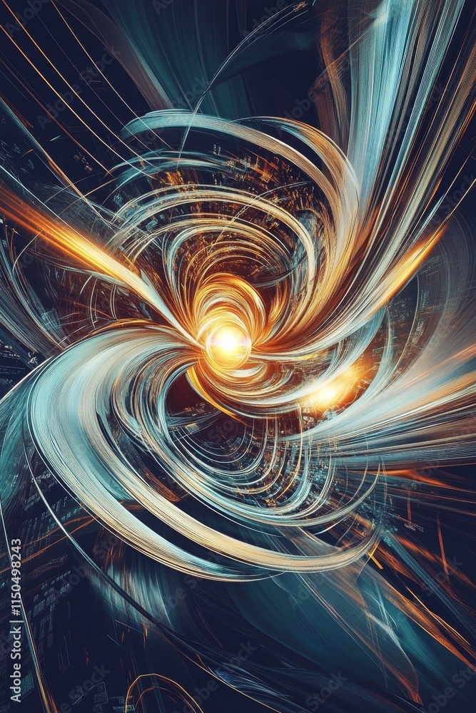 Poster vibrant abstract swirl with glowing core representing energy and motion in a dynamic digital univers