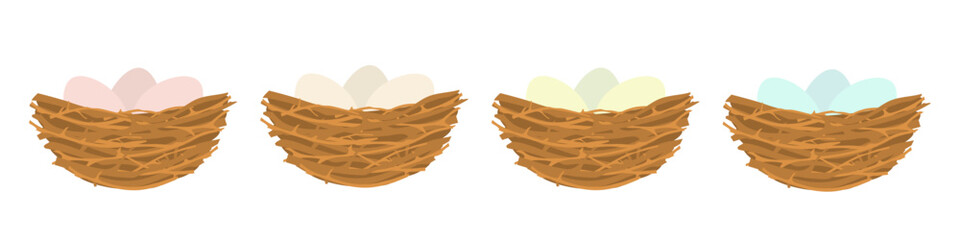 Birds nest with colorful eggs. Wild branches collected together for nesting and hatching chicks with nature vector design