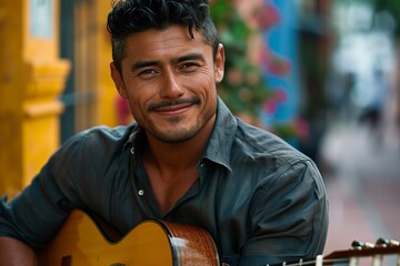 A smiling musician playing guitar in a vibrant urban setting, capturing the joy of music and connection.