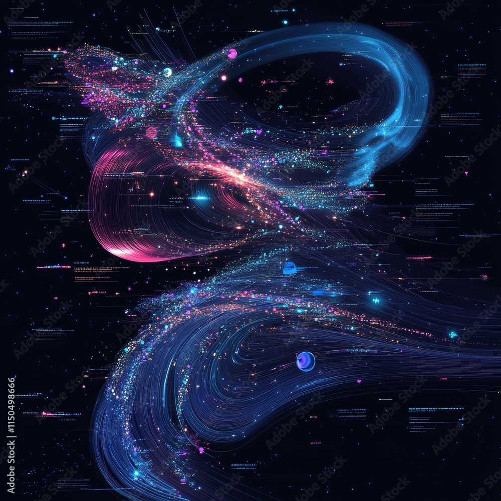Poster visual representation of cosmic phenomena with vibrant colors and intricate patterns illustrating th