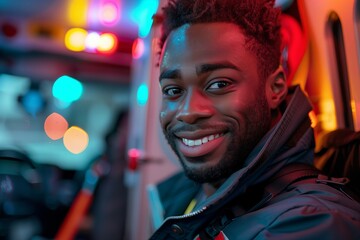 Obraz premium A smiling paramedic in a vibrant emergency ambulance setting, showcasing dedication and care in healthcare.
