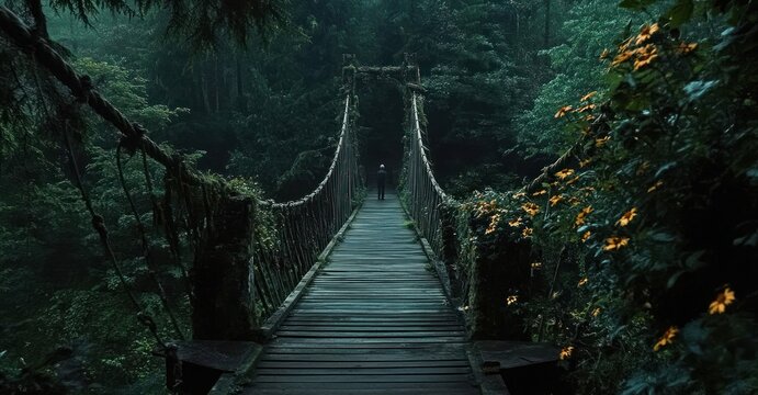 Fototapeta A lone figure crosses a moss covered rope bridge in a dark forest