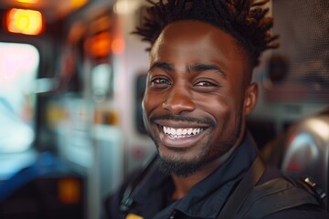 Fototapeta premium A smiling paramedic inside an ambulance, showcasing dedication and compassion for patient care.