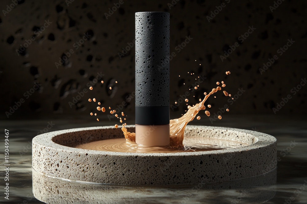 Poster sleek foundation bottle matte finish stands prominently on glossy marble. soft lighting enhances ele