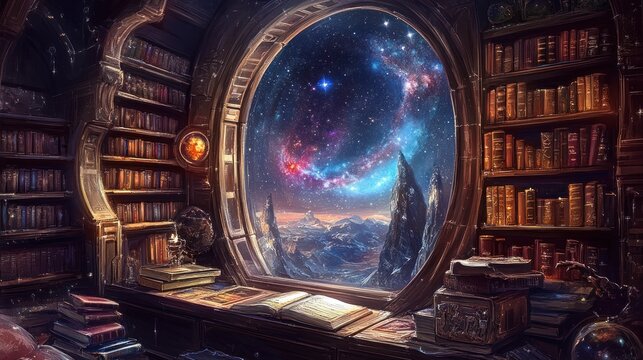 Cosmic library with a view of nebula and snowy mountains seen through a large round window.