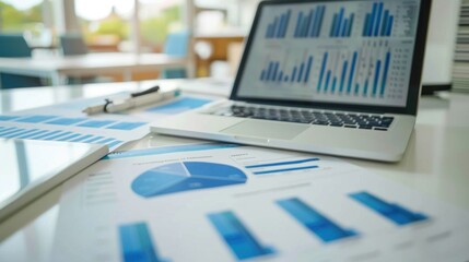 A medical analyst uses a tablet to review patient data amid neat tools and charts