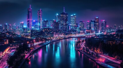 Fototapeta premium Vibrant cityscape at night, illuminated skyscrapers reflected in river.