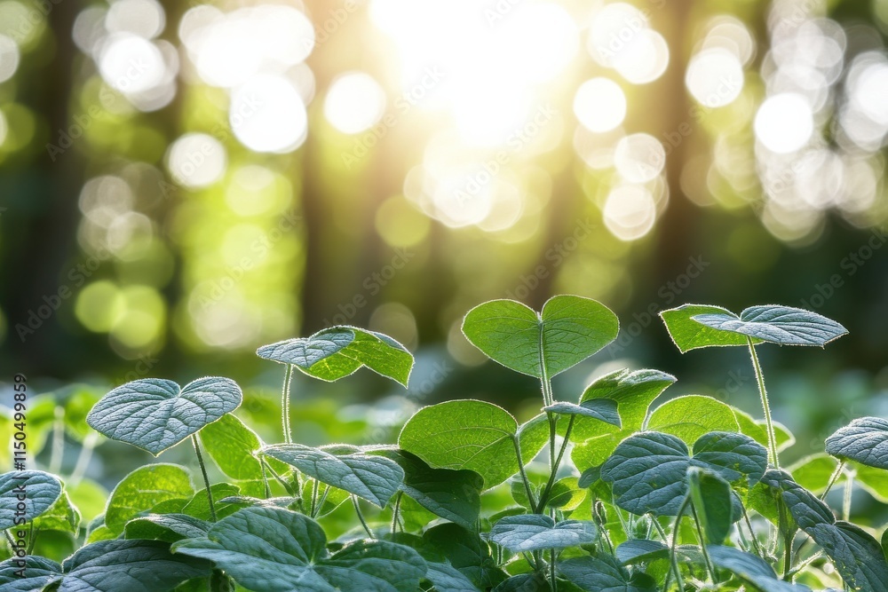 Poster greenery with sunlight filtering through trees creating a warm, dreamy bokeh effect in a lush natura