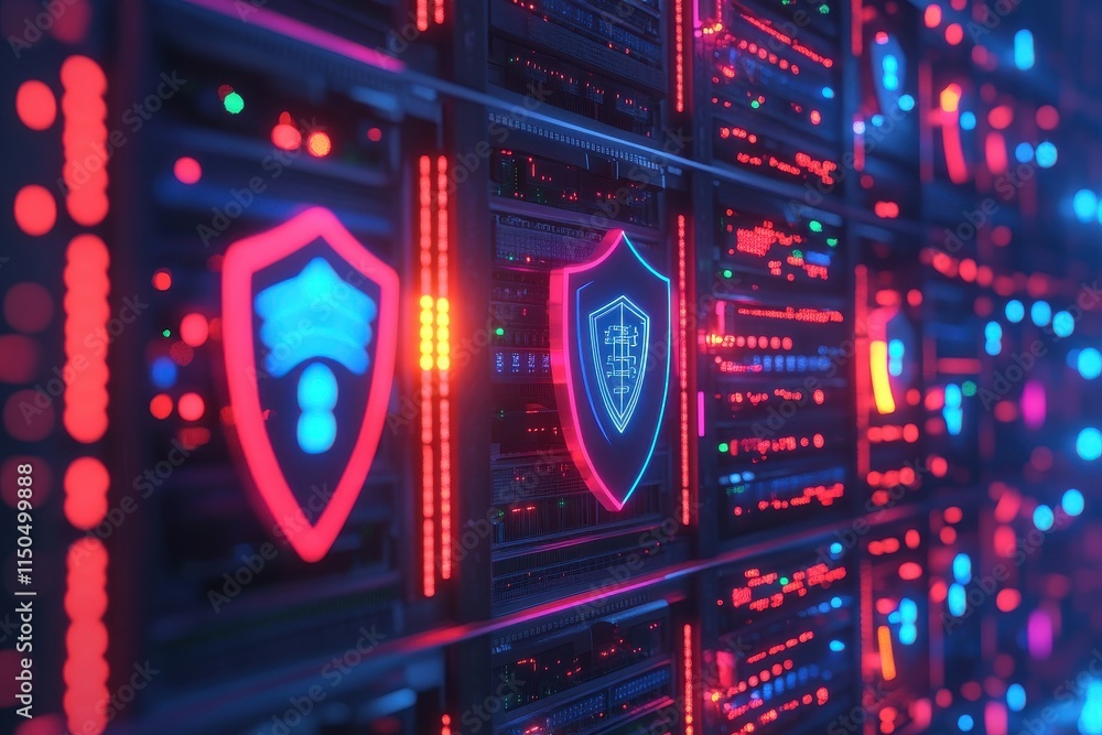 Poster group of digital servers encased in protective shields surrounded by glowing network nodes in cartoo