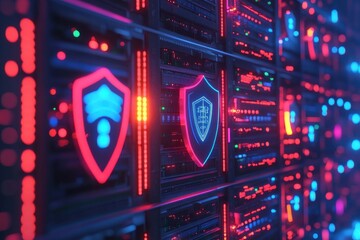 Group of Digital Servers Encased in Protective Shields Surrounded by Glowing Network Nodes in Cartoon Style Illustration with an Exaggerated Gigapixel Effect
