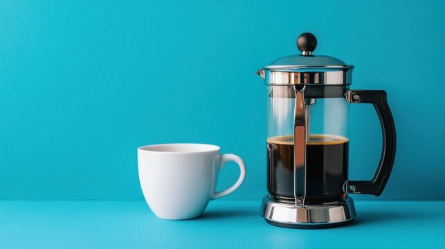 French press coffee maker with a cup on blue background. - Powered by Adobe