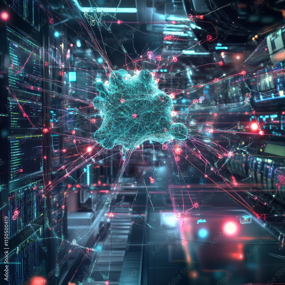 Fototapete Exploring Futuristic Digital Concepts and Network Interactions in a High-Tech Environment With Glowing Elements and Intricate Patterns
