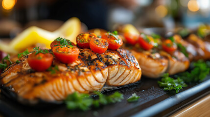Grilled salmon fish with cherry tomatoes and parsley