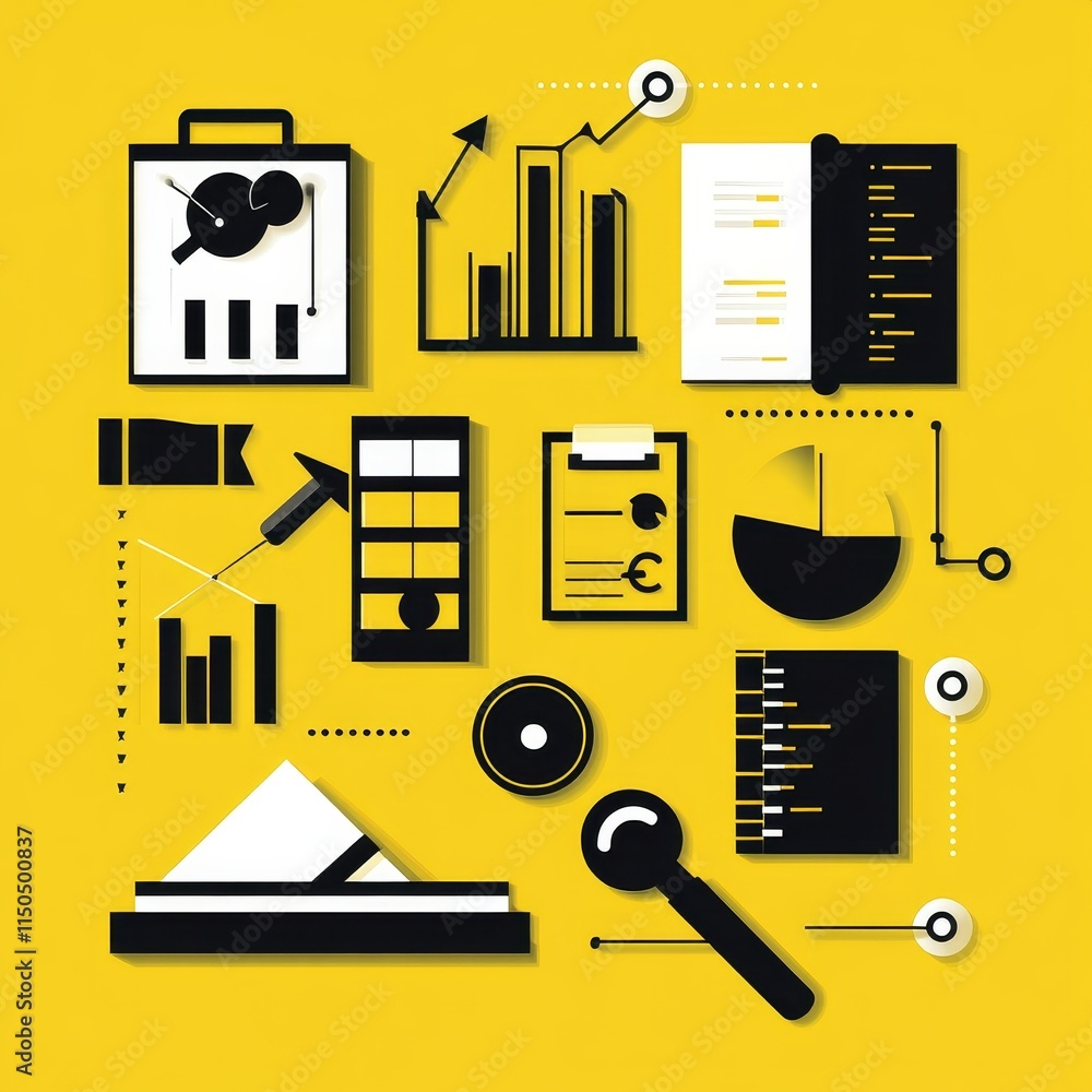 Aufkleber trendy graphic design featuring business analytics and charts on a bright yellow background illustra