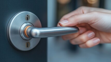 Naklejka premium Close-up of a hand opening a door. Woman's hand turning a modern door handle on a dark gray door.