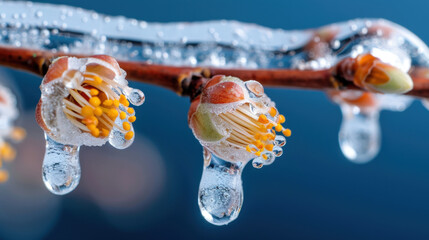 Close-up of a flower bud encapsulated in ice with hanging icicles, glistening against a blue background, showcasing nature's frozen beauty.
