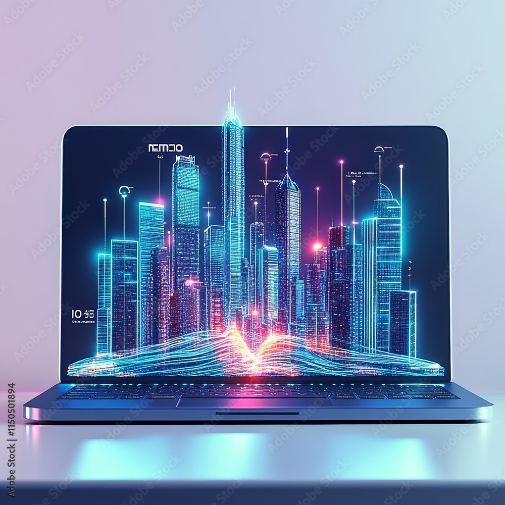 Poster digital skyline with neon lights displayed on a laptop, showcasing futuristic city architecture and 