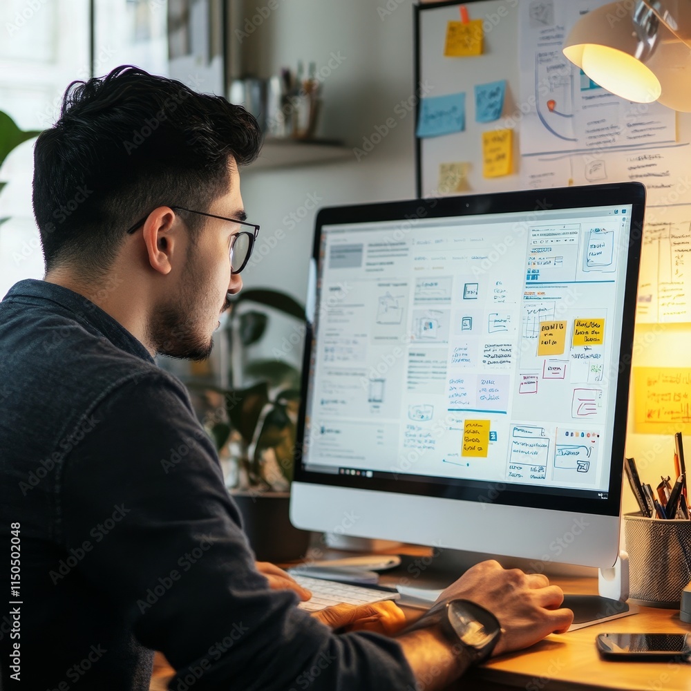 Poster focused individual working on a computer in a well-organized workspace filled with notes and plants 