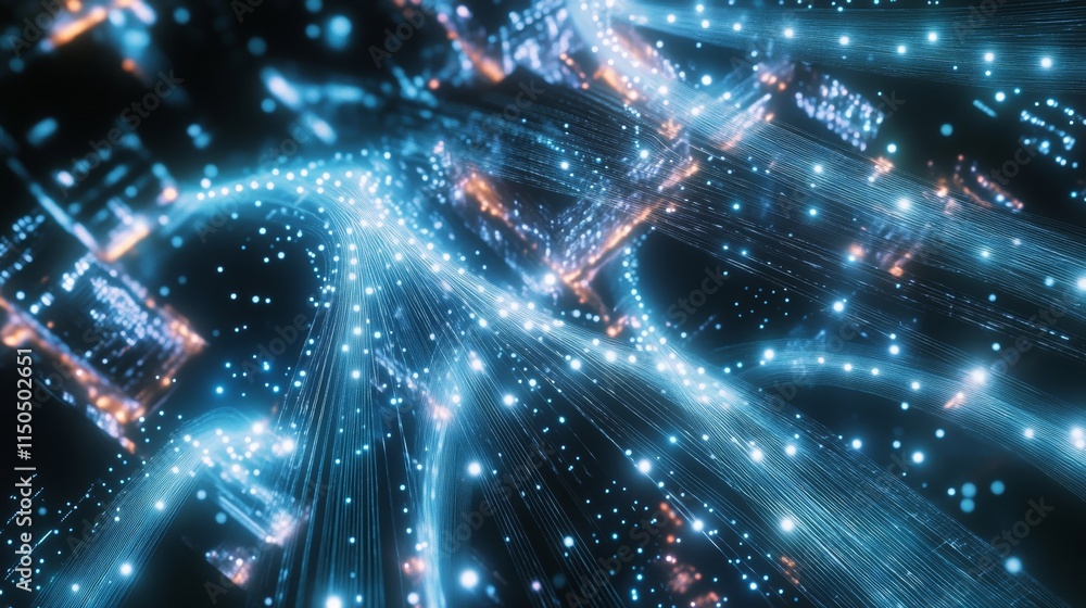 Aufkleber Digital Data Flow With Glowing Particles and Lines Creating a Vibrant Network of Connections in a Dark Space