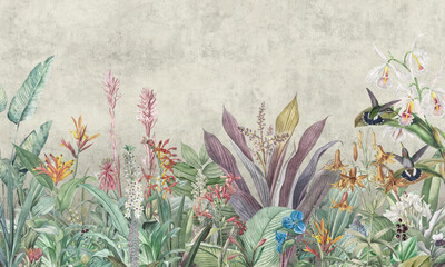 Mural Wallpaper. Tropical Flower Bushes Wallpaper Mural. Vintage Tropical Background