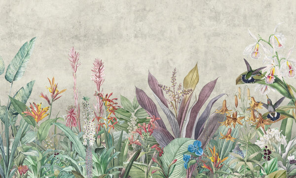 Fototapeta Mural Wallpaper. Tropical Flower Bushes Wallpaper Mural. Vintage Tropical Background