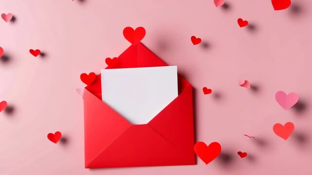 Envelope, blank white paper card and pink hearts. invitation mockup. Red heart shapes, clean letter isolated on pink. Love, Valentine's day message. Gift card. Postcard. Wish list. Place for text