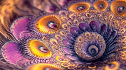 Abstract fractal art resembling a peacock's feather, with swirling purple and gold patterns.