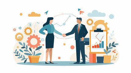 Fototapeta premium Business Collaboration and Partnership: Professional Handshake Concepts with Gear and Data Visualization