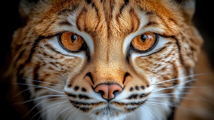 Fototapeta premium Close-up of a lynx's face, intense gaze, orange eyes, detailed fur patterns.