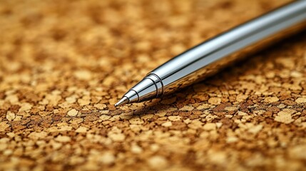 Close-up of a metallic pen tip on cork.