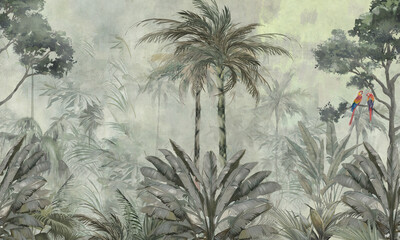 Mural Wallpaper. Watercolor Rainforest. Vintage Tropical Background © александр Бужореан