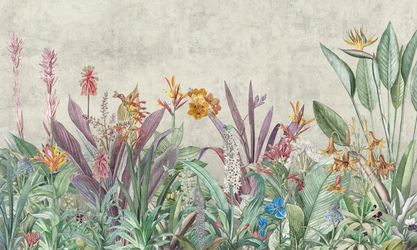 Mural Wallpaper. Tropical Flower Bushes Wallpaper Mural. Vintage Tropical Background