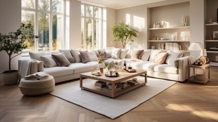 Sunlit Modern Living Room Interior Design with Large Sectional Sofa and Elegant Decor