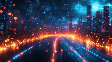 Fototapeta premium An abstract cyber network forms an information highway with a digital matrix; bokeh, neon lights, and particles represent future technology and system connection
