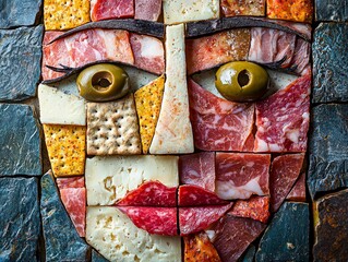 striking artistic representation made entirely from deli meats and cheeses showcases face. Ingredients are skillfully arranged olives for eyes and crackers for nose.