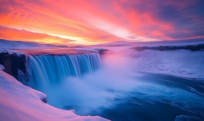 Fototapeta premium the waterfall in a long-exposure shot with the fiery oranges and reds of the sunset
