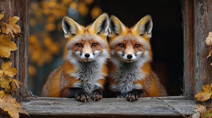 Obraz premium Adorable twin foxes in a rustic autumn setting