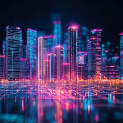 Fototapeta premium Vibrant Neon City Skyline at Night Showcasing Futuristic Architecture and Illuminated Streets Under a Starry Sky