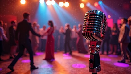 Microphone close-up on blurry background of party. Dancing people in large hall in rays of colorful lights. Festive evening at club, restaurant or bar