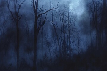 Obraz premium A dark forest with trees and a person walking through it